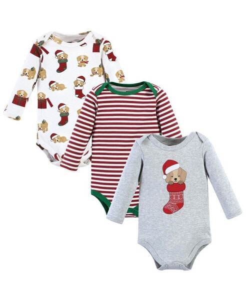 Baby Boys Unisex Baby Cotton Long-Sleeve Bodysuits, Christmas Dog, 3-Pack