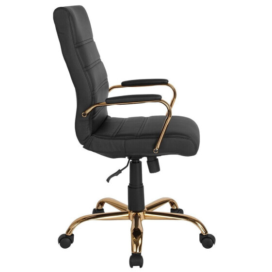 High Back Black Leather Executive Swivel Chair With Gold Frame And Arms