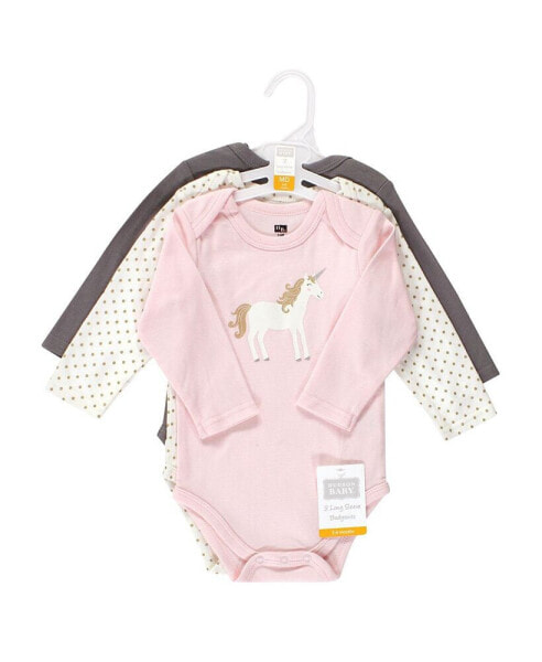 Baby Girls Cotton Long-Sleeve Bodysuits, Gold Unicorn, 3-Pack