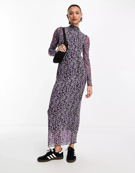 Noisy May mesh exposed seam maxi dress in purple ditsy