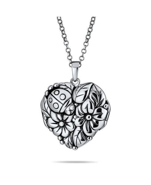 Carved Leaves Garden Lady Bug Flowers Heart Shape Locket That Hold Photo Pictures Oxidized Sterling Silver Locket Necklace Pendant Customizable