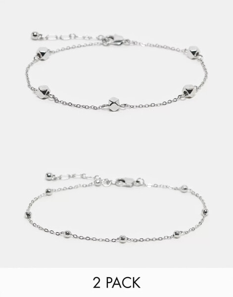 Topshop Ari pack of 2 anklets with ball chain in silver tone