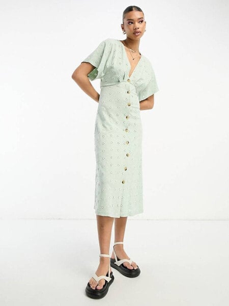 ASOS DESIGN broderie v neck midi dress with buttons in sage and cream contrast