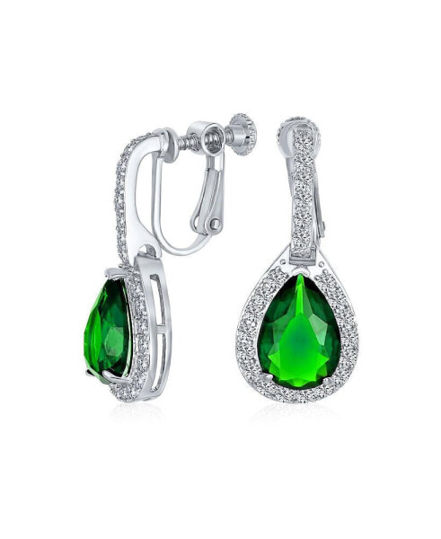 7CT Style Halo Simulated Green Emerald Cubic Zirconia CZ Dangle Drop Teardrop Screw Back Clip On Earrings Prom Bridesmaid Wedding Rhodium Plated