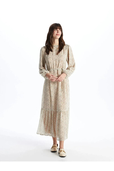 LCWAIKIKI Classic Fırfırlı Dik Yaka Çiçekli Uzun Kollu Kadın Şifon Elbise Elbise