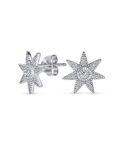 Heavenly Shining North Star Burst Stud Earrings - Celestial Pave CZ Jewelry for Women & Teens in .925 Sterling Silver