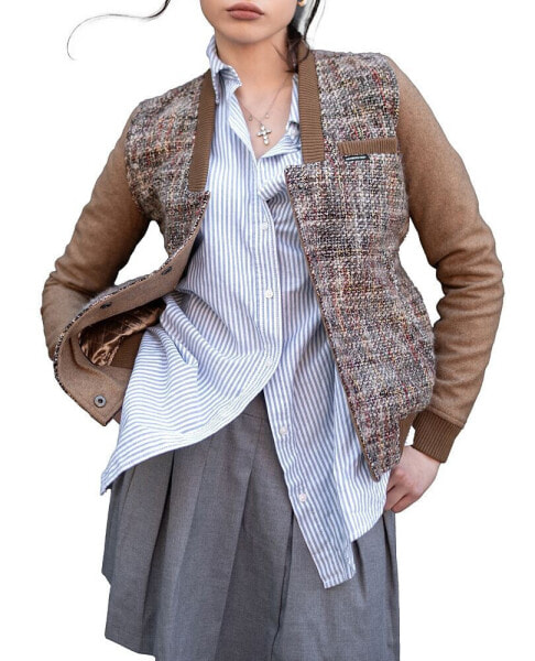 Women's Updated Tweed Varsity Jacket with Contrast Sleeve