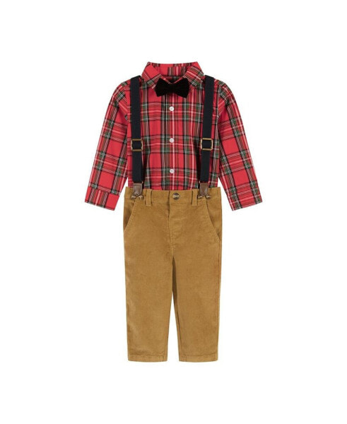 Infant Boys Red Plaid Flannel Button-down w/Suspenders Set