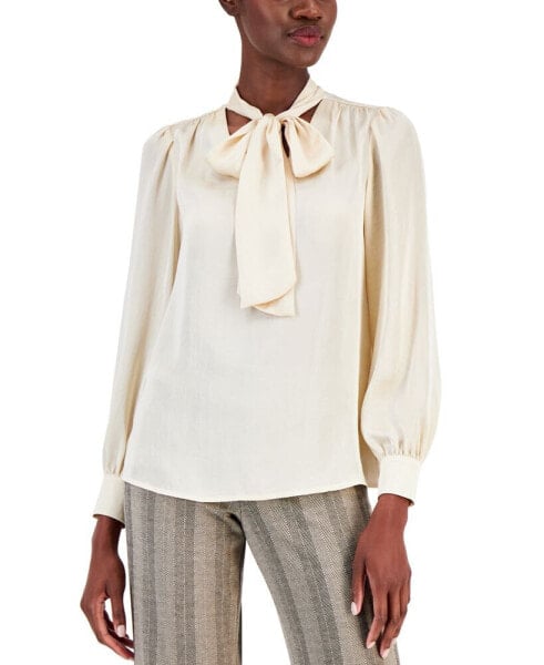 Petite Long Sleeve Tie Neck Blouse with Cuff