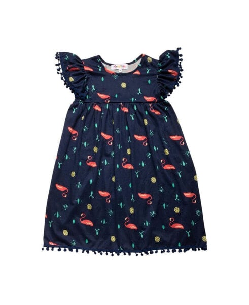 Little Girls Flutter Sleeves All Over Print Pom-Pom Dress