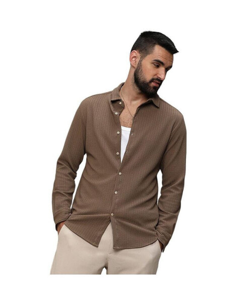 Men's Tan Brown Stripe-Creased Shirt