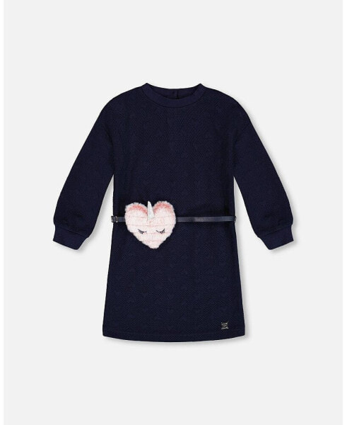 Big Girls Quilted Heart Fleece Dress With Belt Navy