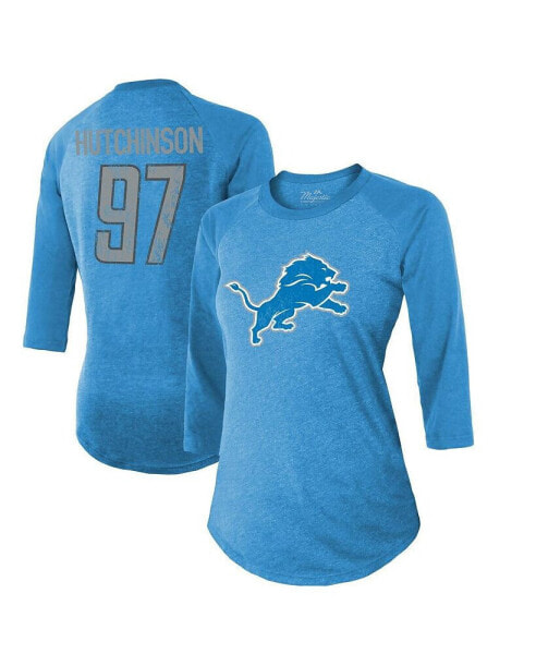 Women's Threads Aidan Hutchinson Blue Detroit Lions Name & Number Raglan 3/4 Sleeve T-shirt