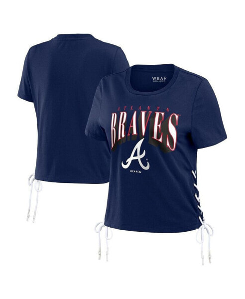 Women's Navy Atlanta Braves Side Lace-Up Cropped T-shirt