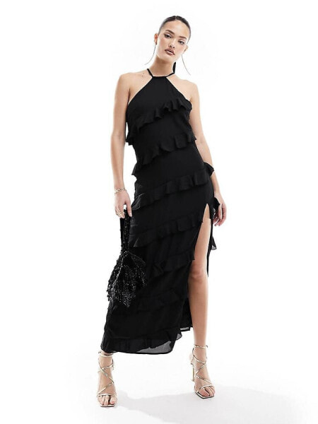 Pretty Lavish Katy ruffle midaxi dress in black