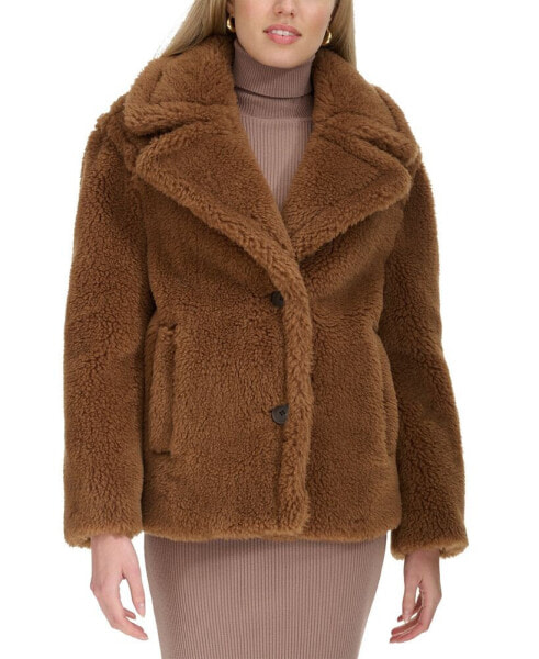 Women's Notched-Collar Single-Breasted Teddy Coat