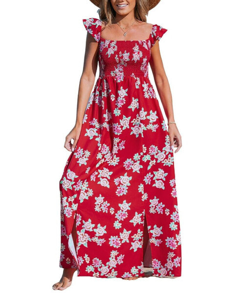 Women's Red Floral Off-Shoulder Flutter Sleeve Maxi Beach Dress