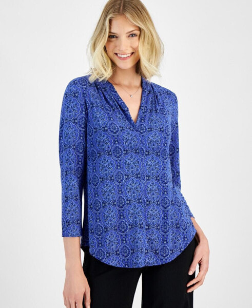 Petite Printed 3/4-Sleeve V-Neck Top, Created for Macy's