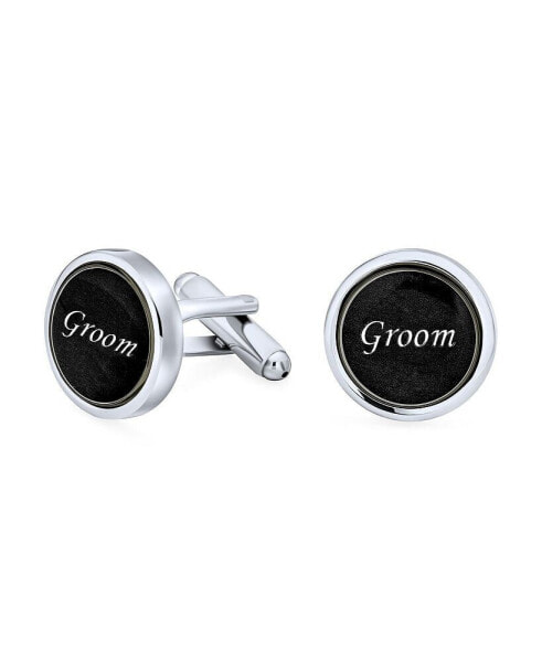 GROOM Script Words Round Black White Shirt Cuff Links Groomsmen Party Gift Brass Bullet Hinge Back