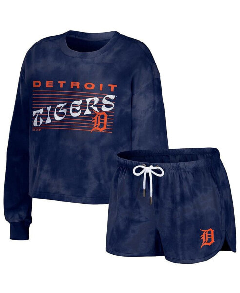 Women's Navy Detroit Tigers Tie-Dye Cropped Pullover Sweatshirt Shorts Lounge Set