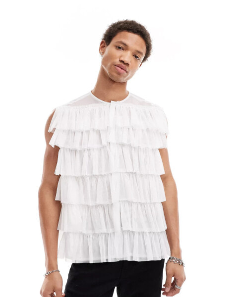 ASOS DESIGN relaxed sleeveless shirt with ruffles in white