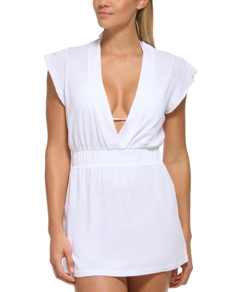 Dkny Women's Solid Flutter-Sleeve Deep-v Swim Dress Cover-Up White Size L 306467