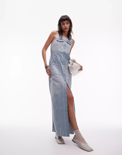 Topshop denim sleeveless maxi dress in bleach