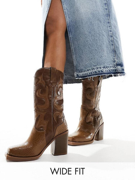 Public Desire Wide Fit Texas western mid ankle boot with snake print in vintage brown