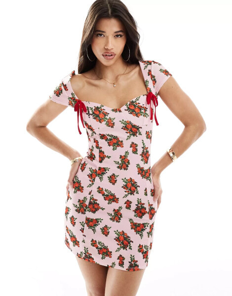 ASOS DESIGN cap sleeve sweetheart neck mini dress in pink rose ditsy floral