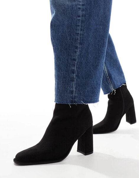 London Rebel Maddie block heel ankle boot in black micro