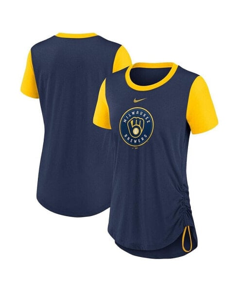 Women's Navy Milwaukee Brewers Hipster Swoosh Cinched Tri-Blend Performance Fashion T-shirt