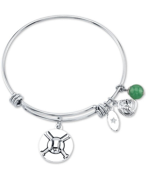 Baseball Charm and Green Aventurine (8mm) Bangle Bracelet in Stainless Steel Silver Plated Charms