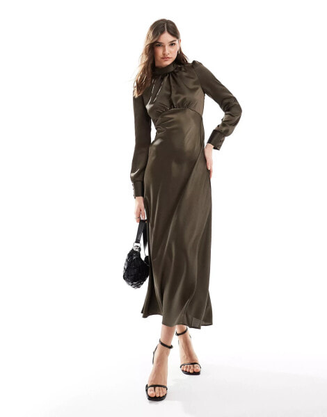 ASOS DESIGN high neck maxi satin tea dress in khaki