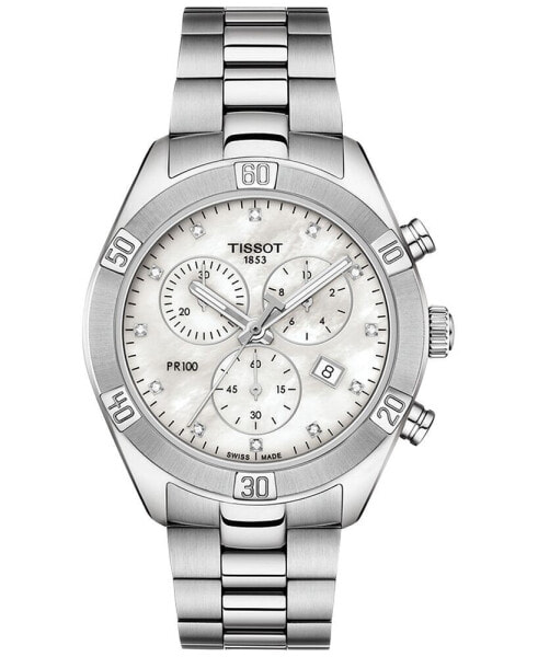 Women's Swiss Chronograph T-Classic PR 100 Diamond (1/20 ct. t.w.) Gray Stainless Steel Bracelet Watch 38mm