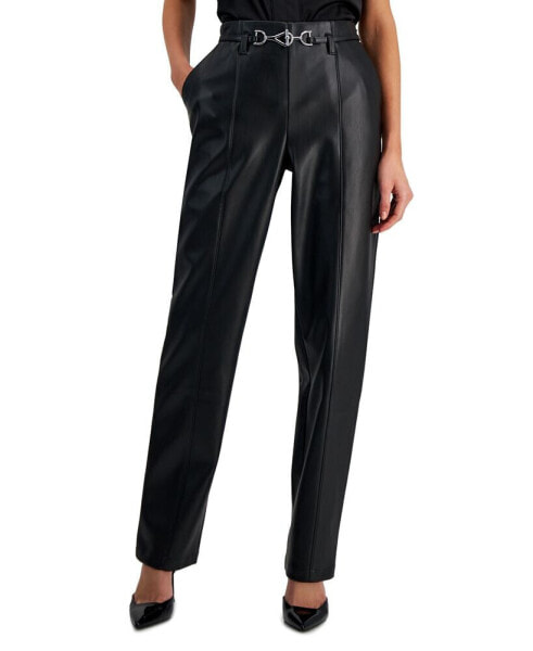 Petite Faux-Leather Belted Trousers, Created for Macy's