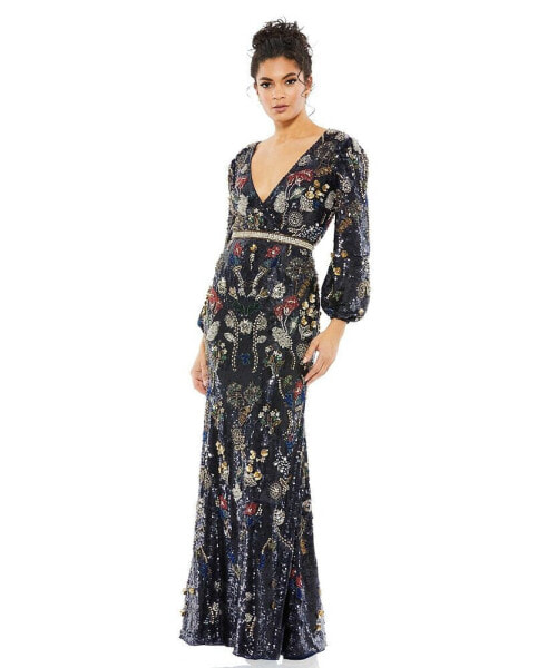 Women's Embellished Wrap Over Bishop Sleeve Gown