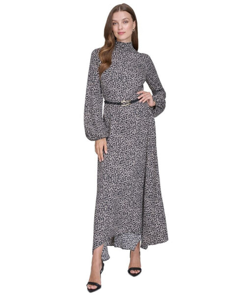 Women's Smock-Neck Long-Sleeve Belted Chiffon Dress