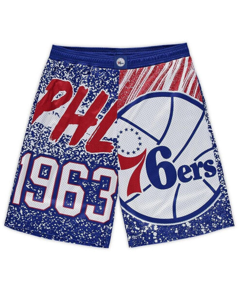 Шорты мужские Mitchell&Ness Philadelphia 76ers "Jumbotron" рояльного цвета 76ers, крупные и длинные.