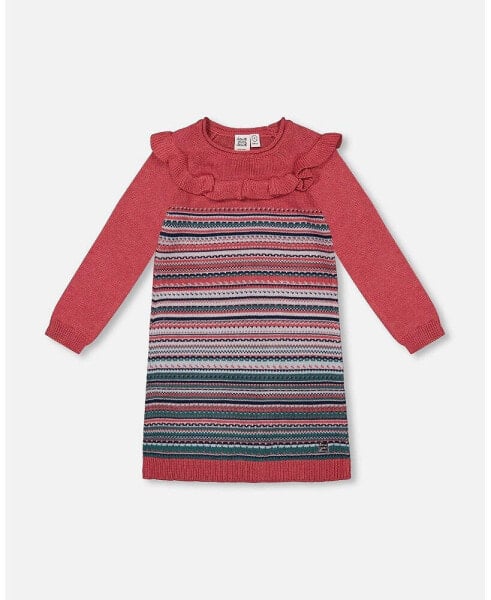 Big Girls Jacquard Stripe Sweater Dress Pink And Blue