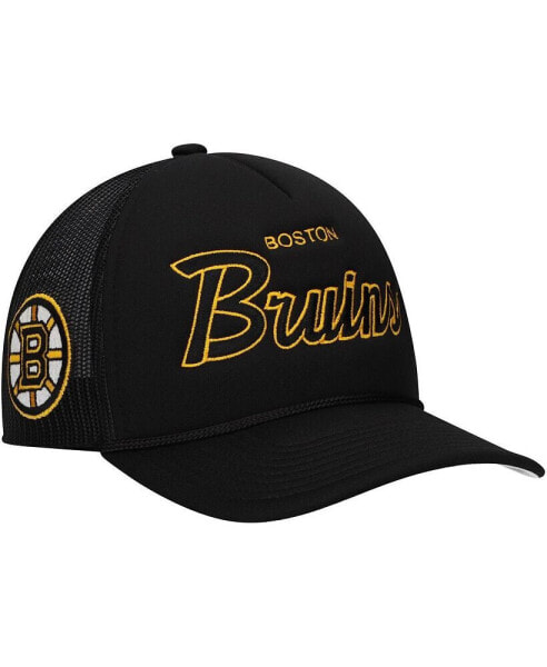 Mitchell Ness Men's Black Boston Bruins Script Side Patch Trucker Adjustable Hat