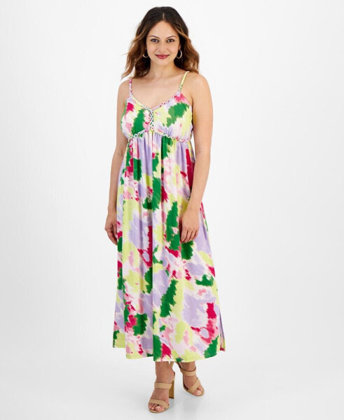 Petite Printed Braided-Strap Empire-Waist Maxi Dress