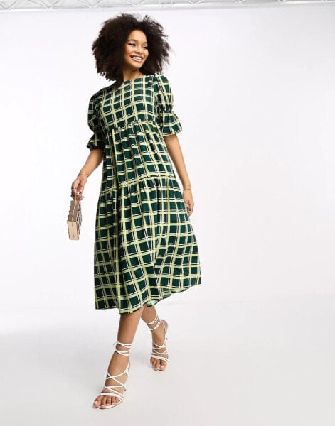 Glamorous tiered puff sleeve tie back midi dress in green check