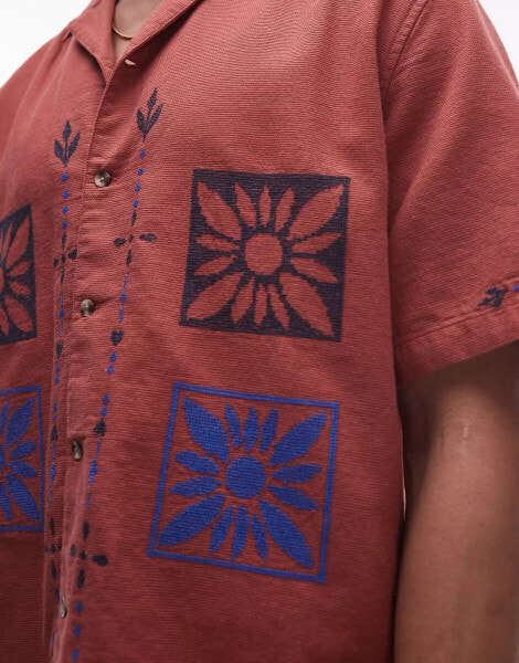 Topman short sleeve relaxed embroidered patch shirt in rust