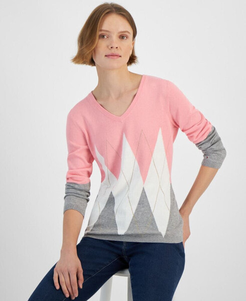 Women's V-Neck Long-Sleeve Cotton Argyle Sweater