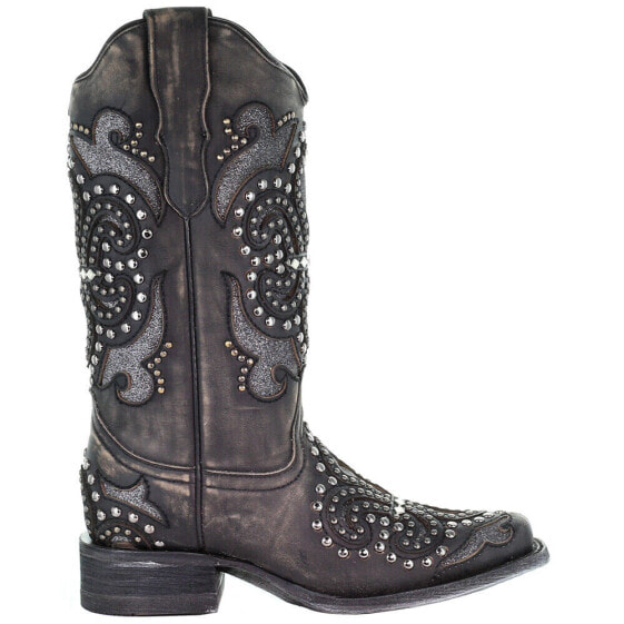 Corral Boots Studded Tooled Inlay Snip Toe Cowboy Womens Black Dress Boots E153