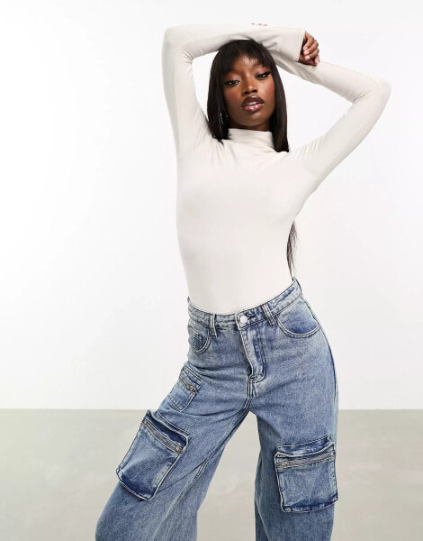 ASOS DESIGN high neck long sleeve bodysuit in stone