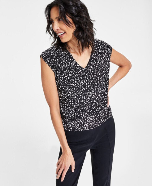 Petite Printed Shirred-Shoulder Cap-Sleeve Top, Created for Macy's