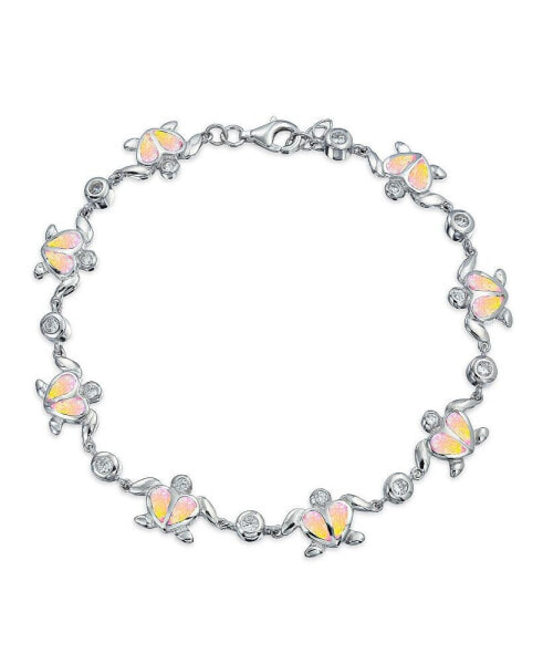 Nautical Aquatic Tropical Beach Vacation Iridescent Pink Created Synthetic Opal Inlay Sea Tortoise CZ Accent Heart Multi Charm Turtles Bracelet For Women Sterling Silver