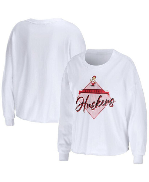 Women's White Nebraska Huskers Diamond Long Sleeve Cropped T-shirt