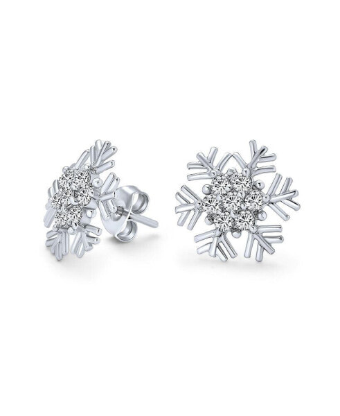 Cubic Zirconia Pave Clear or Blue CZ Christmas Holiday Party Snowflake Stud Earrings For Women Teen .925 Sterling Silver